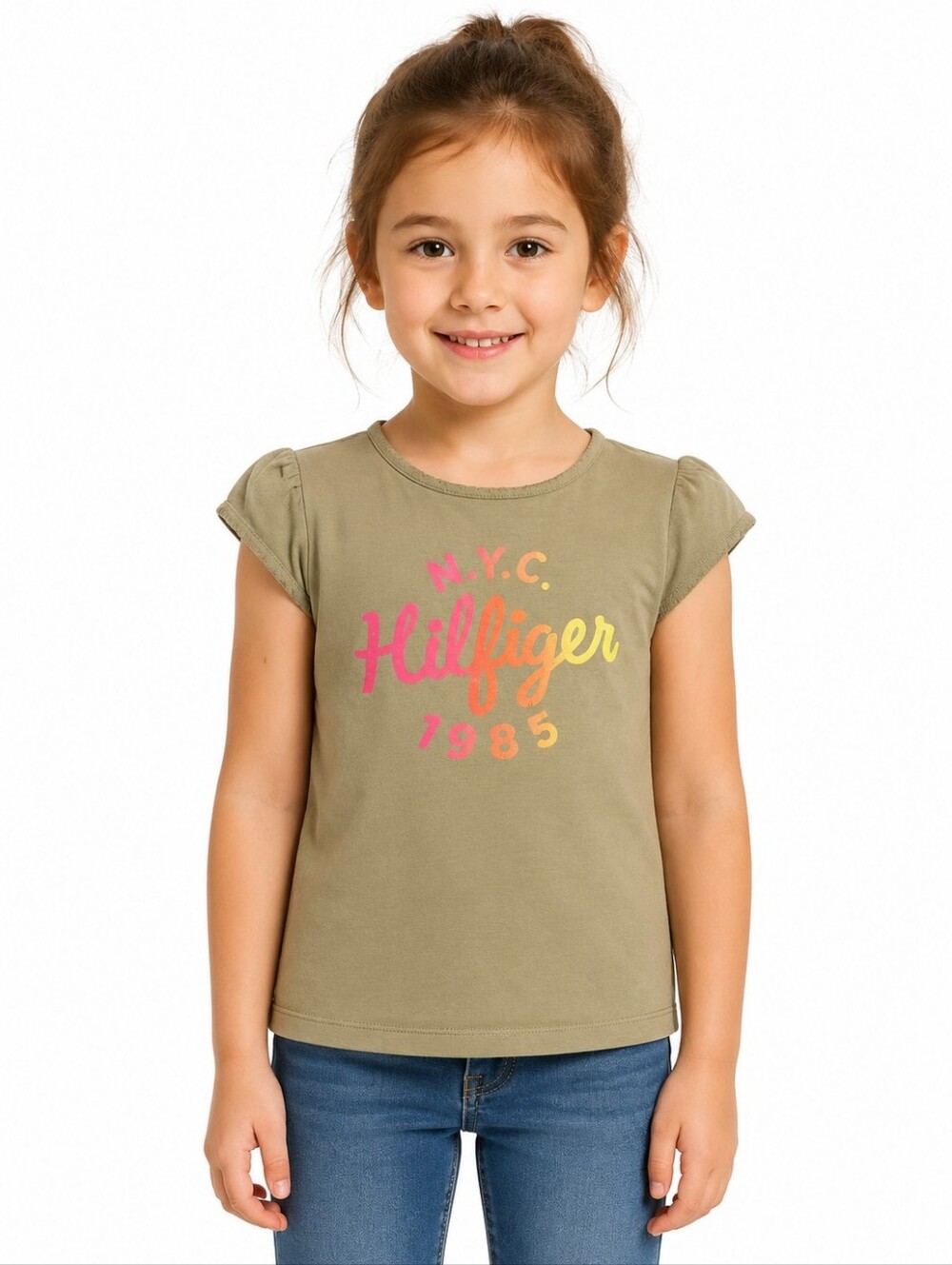 Tommy Hilfiger Olive Green Girls' Short Sleeve Tee with Pink-to-Yellow Logo Sz3